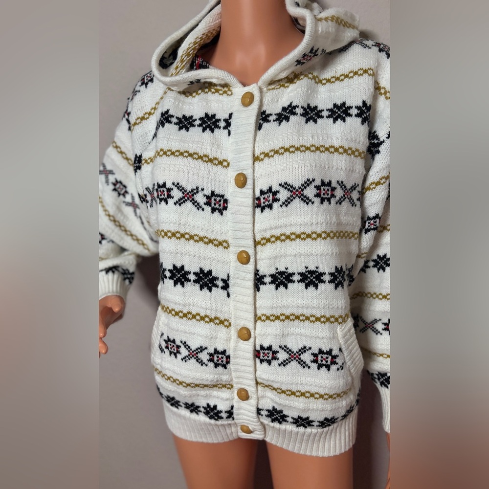 M Women Fair Isle Hooded Cardigan Sweater Ivory Nordic Button Front Pockets